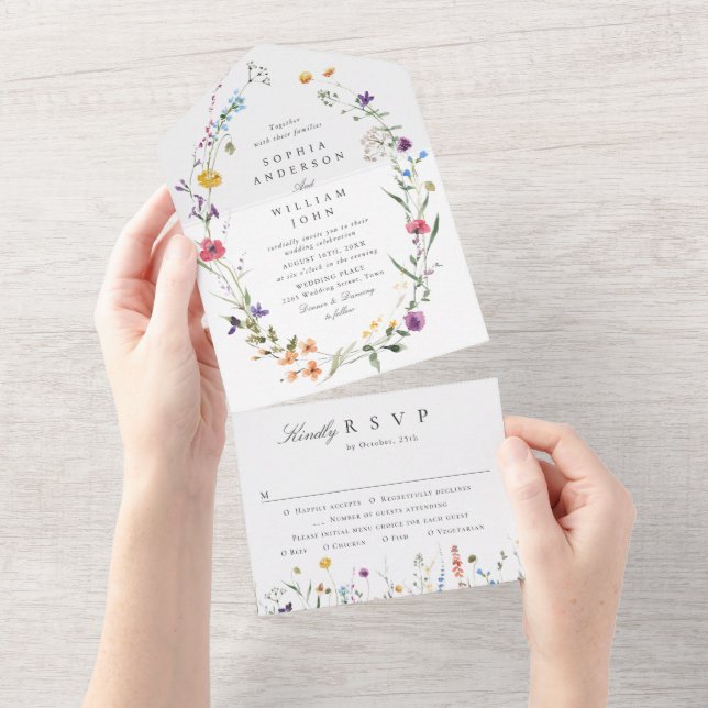 Invitación Todo En Uno Elegante acuarela Flores salvajes Boda floral (desgarro)