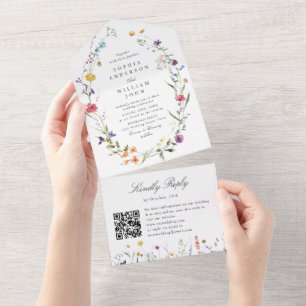 Invitación Todo En Uno Elegante acuarela Flores salvajes Boda floral