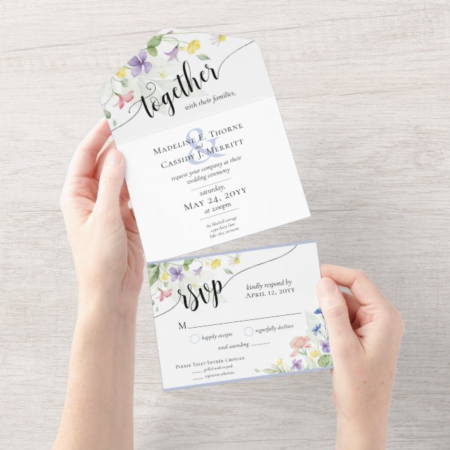 Invitación Todo En Uno Elegante acuarela Flores salvajes Boho Floral Boda (desgarro)