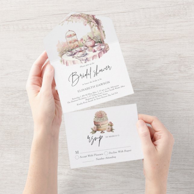 Invitación Todo En Uno Elegante acuarela Garden Bridal Shower Rsvp (desgarro)