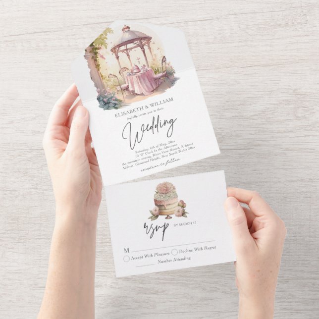 Invitación Todo En Uno Elegante acuarela Garden Wedding Rsvp (desgarro)