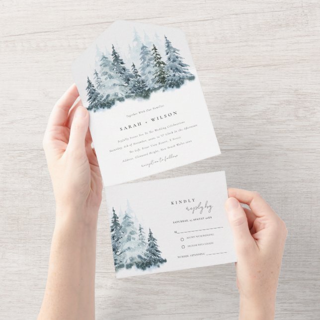 Invitación Todo En Uno Elegante acuarela Nieve Boda de pino de invierno (desgarro)
