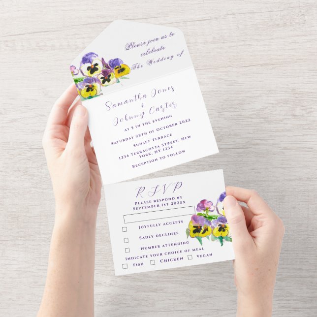 Invitación Todo En Uno Elegante acuarela Pansies Boda Floral (desgarro)