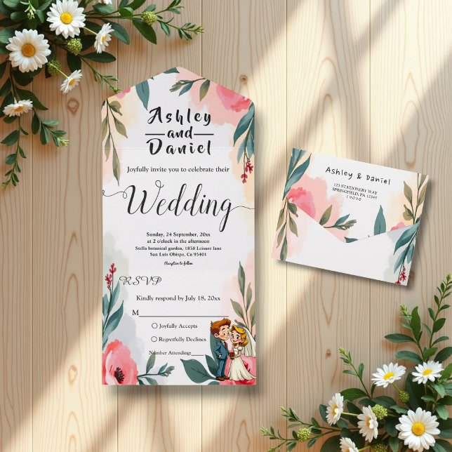 Invitación Todo En Uno Elegante acuarela Pareja Floral Boda de verano (Subido por el creador)
