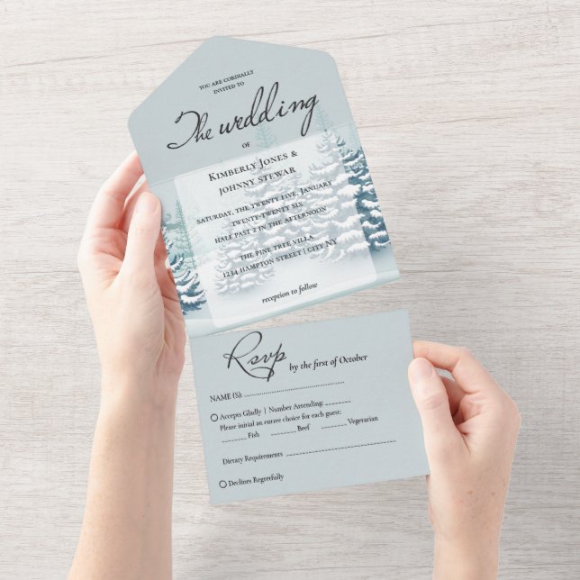 Invitación Todo En Uno Elegante acuarela Pinos RSVP Boda de Invierno (desgarro)
