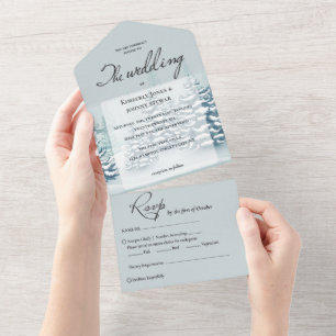 Invitación Todo En Uno Elegante acuarela Pinos RSVP Boda de Invierno