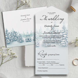 Invitación Todo En Uno Elegante acuarela Pinos RSVP Boda de Invierno