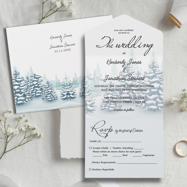 Invitación Todo En Uno Elegante acuarela Pinos RSVP Boda de Invierno (Elegant watercolor Pine trees RSVP Winter Wedding All In One Invitation)