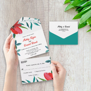 Invitación Todo En Uno Elegante acuarela Red Flower Fall Boda Floral