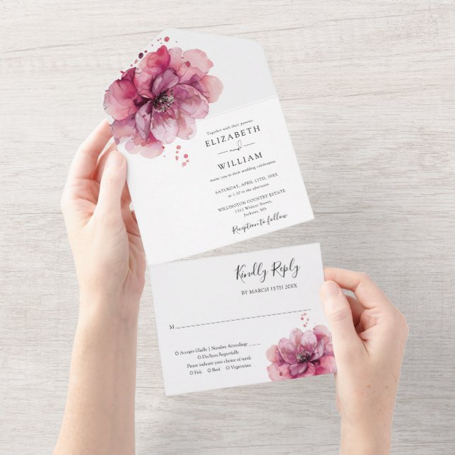 Invitación Todo En Uno Elegante acuarela Rosa Dusty Floral (desgarro)