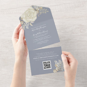 Invitación Todo En Uno Elegante acuarela Rosa Foliage de marfil Código QR