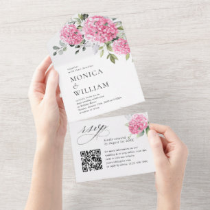 Invitación Todo En Uno Elegante acuarela rosa Hydrangea Boda código QR