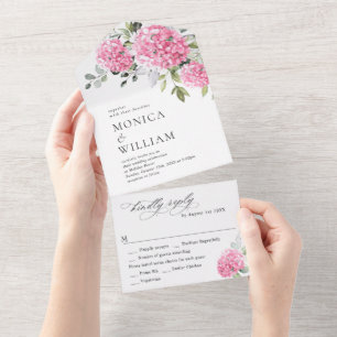 Invitación Todo En Uno Elegante acuarela rosa Hydrangea Boda floral
