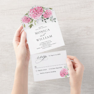 Invitación Todo En Uno Elegante acuarela rosa Hydrangea Boda floral