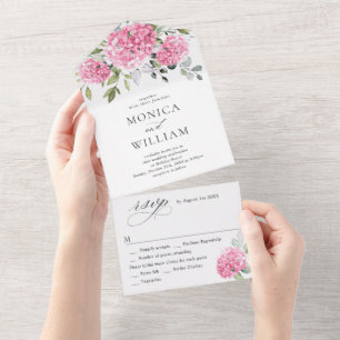 Invitación Todo En Uno Elegante acuarela rosa Hydrangea Boda floral