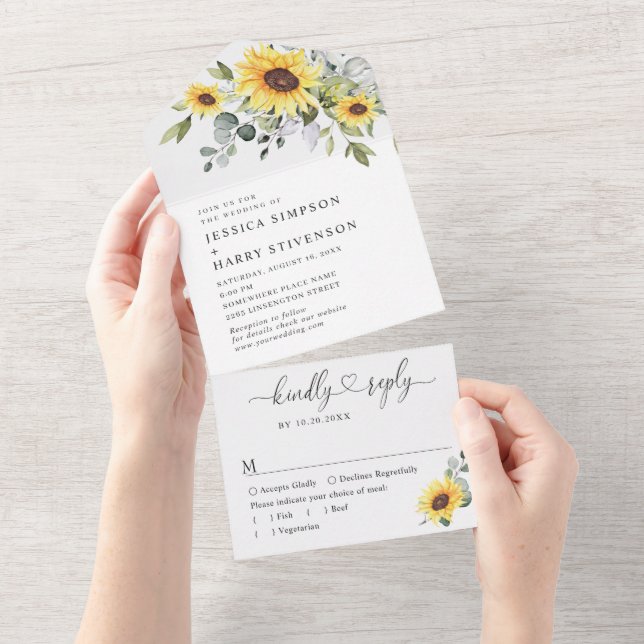 Invitación Todo En Uno Elegante acuarela Sunflowers Eucalyptus Boda (desgarro)