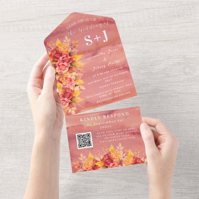 Invitación Todo En Uno Elegante acuarela Terracotta Boda Floral RSVP (desgarro)