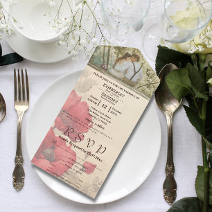 Invitación Todo En Uno Elegante amapola roja con flores en foto de pareja