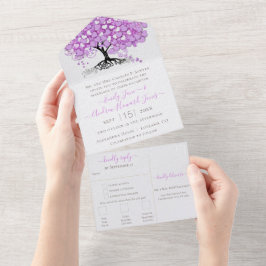 Invitación Todo En Uno Elegante árbol de boda con corazón de hoja púrpura