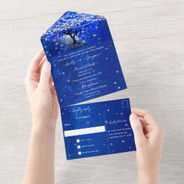 Invitación Todo En Uno Elegante árbol de hoja de corazón azul real boda t