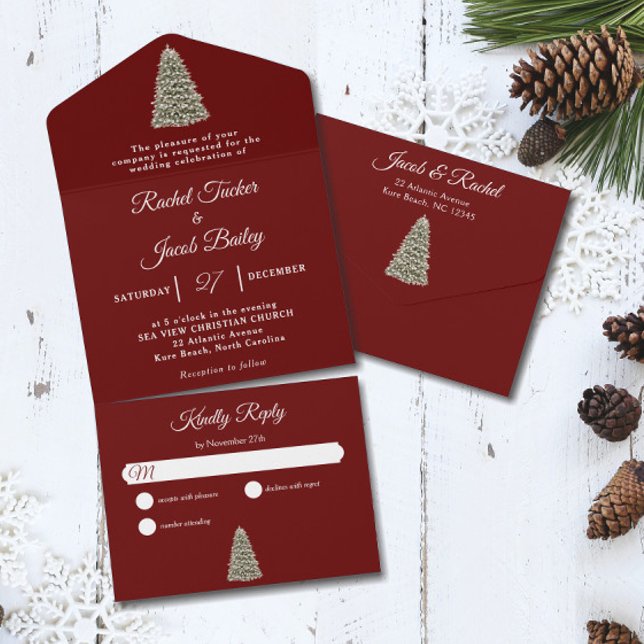 Invitación Todo En Uno Elegante árbol de Navidad Boda de Navidades rojos  (Christmas Tree Dark Red All-in-one Seal and Send Wedding Invitation)