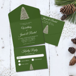 Invitación Todo En Uno Elegante árbol de Navidad iluminado en Boda verde