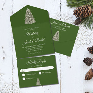 Invitación Todo En Uno Elegante árbol de Navidad iluminado en Boda verde 