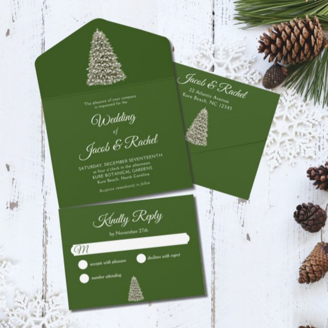 Invitación Todo En Uno Elegante árbol de Navidad iluminado en Boda verde  (Subido por el creador)