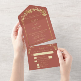 Invitación Todo En Uno Elegante Arco Boda de Aroma de Oro de Terracota