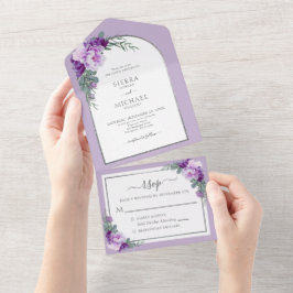 Invitación Todo En Uno Elegante arco Boda de florido de plata morada