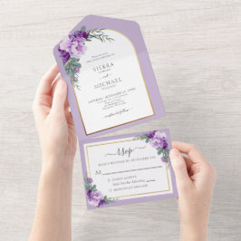 Invitación Todo En Uno Elegante Arco Boda de Foliage de Oro Púrpura