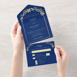 Invitación Todo En Uno Elegante Arco Boda Real Azul y Oro Foliage