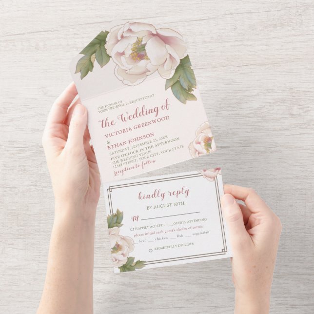 Invitación Todo En Uno Elegante asador elegante chinoserie floral Peony t (desgarro)