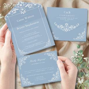 Invitación Todo En Uno Elegante Azul Polvoriento En Un Boda