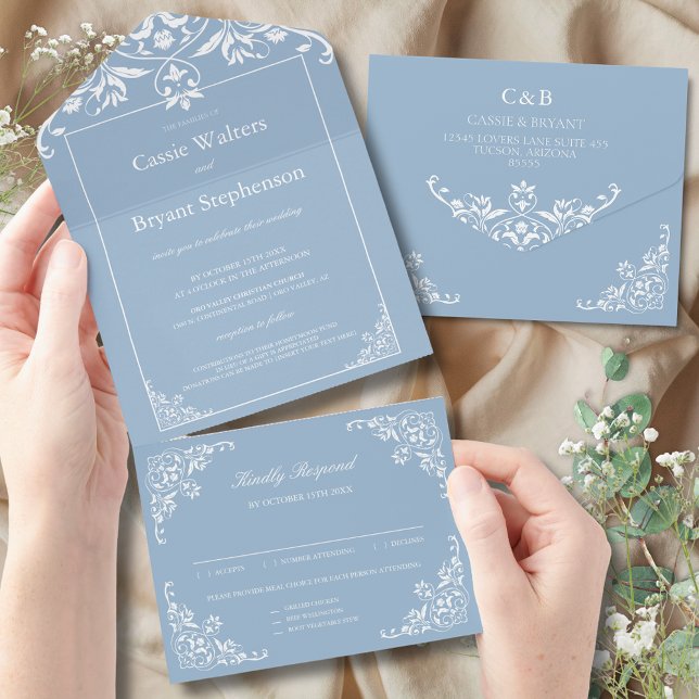 Invitación Todo En Uno Elegante Azul Polvoriento En Un Boda (elegant dusty blue and white simple minimal all in one wedding invitation with rsvp card attached)