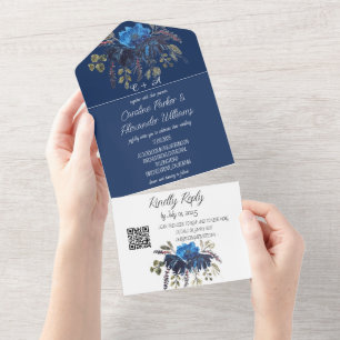 Invitación Todo En Uno Elegante Azul Real Naval Floral Moderno Código QR
