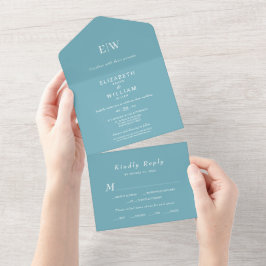 Invitación Todo En Uno Elegante azul retro simple con Boda monograma