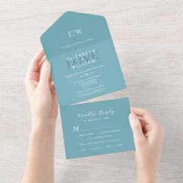 Invitación Todo En Uno Elegante azul retro simple con Boda monograma
