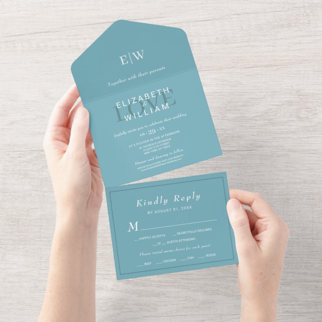 Invitación Todo En Uno Elegante azul retro simple con Boda monograma (desgarro)