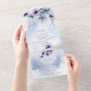 Invitación Todo En Uno Elegante azul y violeta floral todo en uno