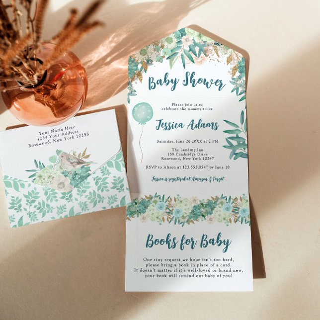 Invitación Todo En Uno Elegante Baby Shower de Mint Floral (Subido por el creador)