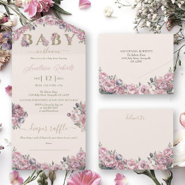 Invitación Todo En Uno Elegante Baby Shower floral suave de tonos rosados