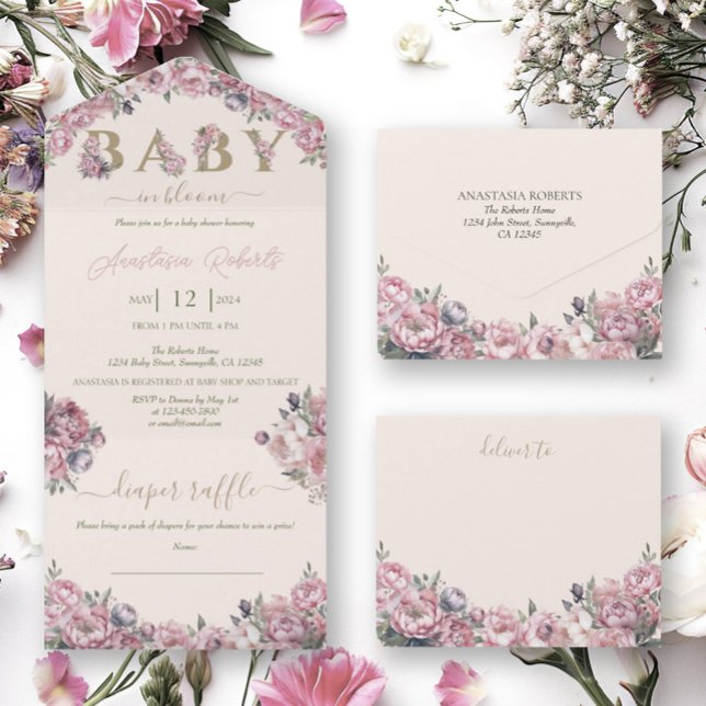 Invitación Todo En Uno Elegante Baby Shower floral suave de tonos rosados (Subido por el creador)