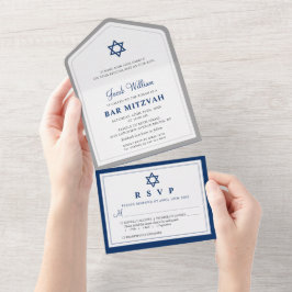 Invitación Todo En Uno Elegante Bar Mitzvah gris y azul marino Todo en un