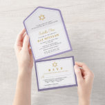 Invitación Todo En Uno Elegante Bat de Oro Púrpura Mitzvah<br><div class="desc">Elegante batida de oro morado Mitzvah todo en una sola invitación</div>