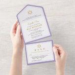 Invitación Todo En Uno Elegante Bat Purple Bat Mitzvah<br><div class="desc">Elegante Bate morado de oro Mitzvah todo en una sola invitación</div>