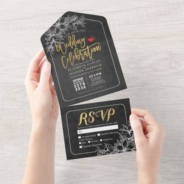 Invitación Todo En Uno Elegante Black Gold Floral Frame Wedding RSVP (desgarro)