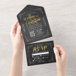 Invitación Todo En Uno Elegante Black Gold Floral Frame Wedding RSVP