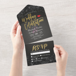 Invitación Todo En Uno Elegante Black Gold White Floral Frame Wedding RSV