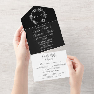 Invitación Todo En Uno Elegante Black Script Moderno Único RSVP